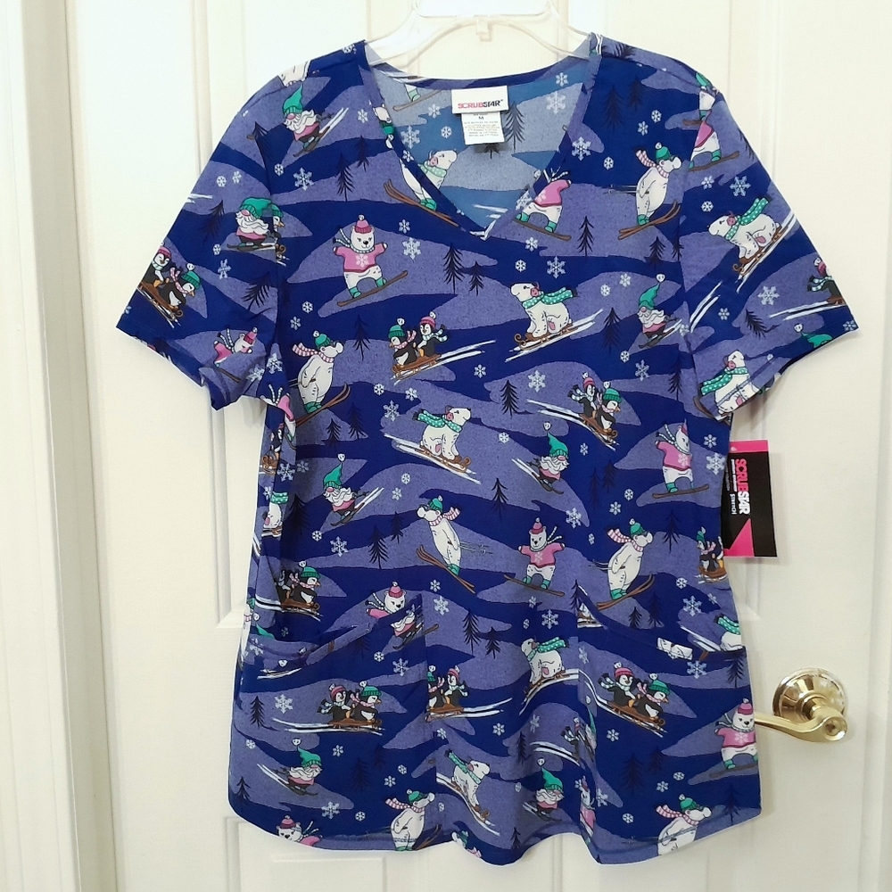 Scrubstar Stretchy Scrub Top Polar Bears Colorful Christmas Womens M L 3XL